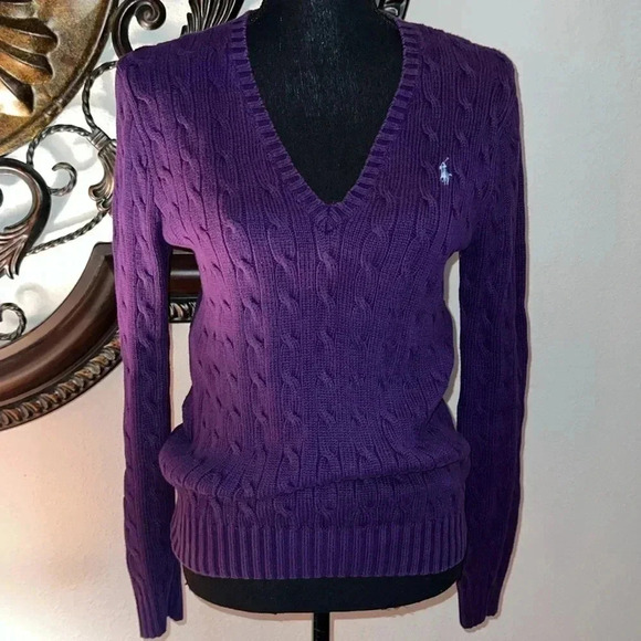 Ralph Lauren Sport Women’s 100% Cotton Cable Knit Deep Purple Sweater Jumper L - Picture 15 of 16